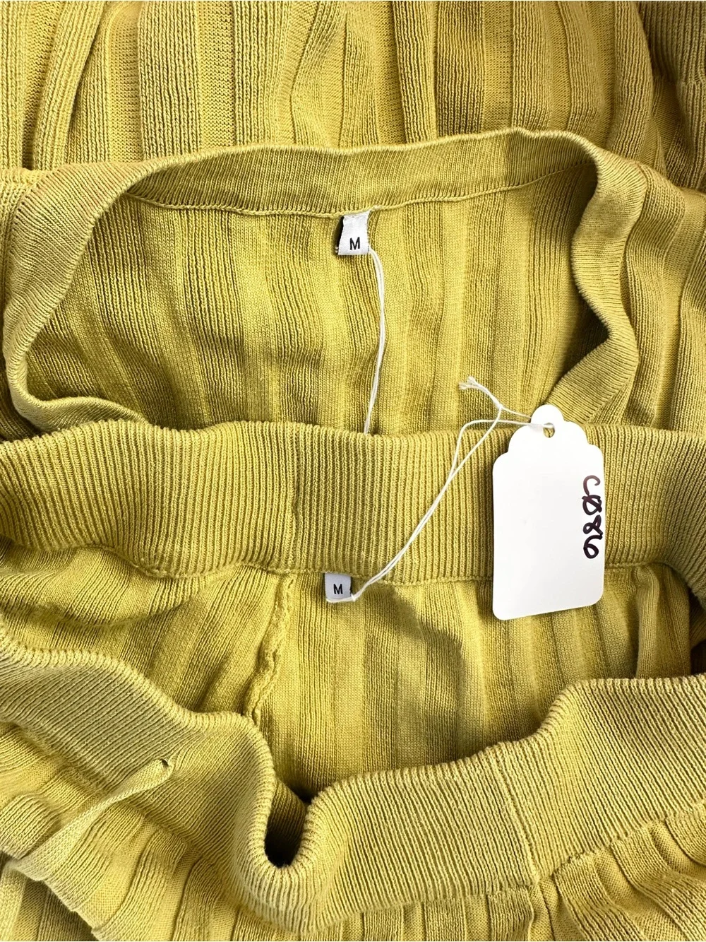Ribbed Knit Chartreuse Two Piece Top & Midi Skirt Set Medium